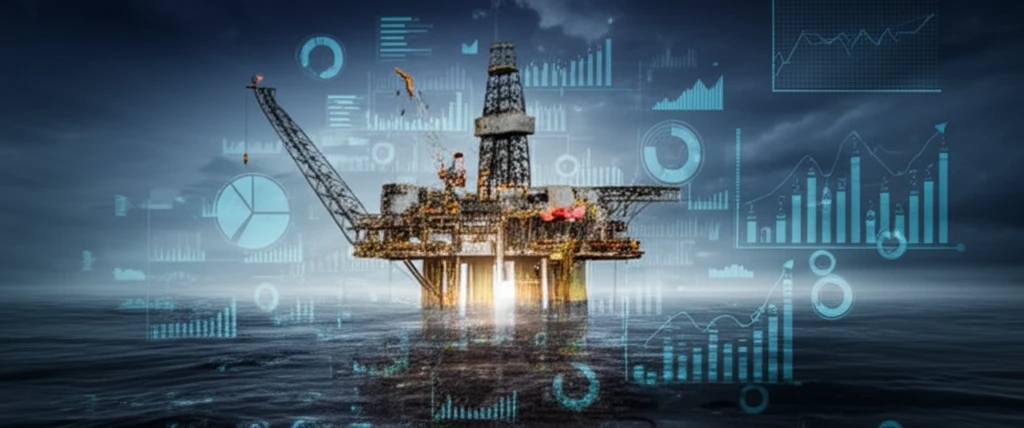 Surreal illustration of oil rig in data sea representing stochastic models.