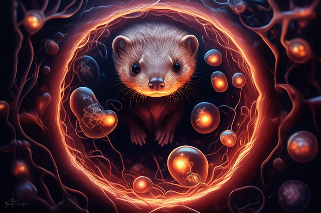 Surreal illustration of a mink uterus with glowing glycogen deposits sustaining dormant embryos.