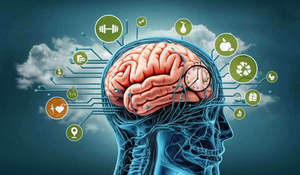 Brain intertwined with healthy lifestyle elements and a clock symbolizing extended stroke treatment windows.