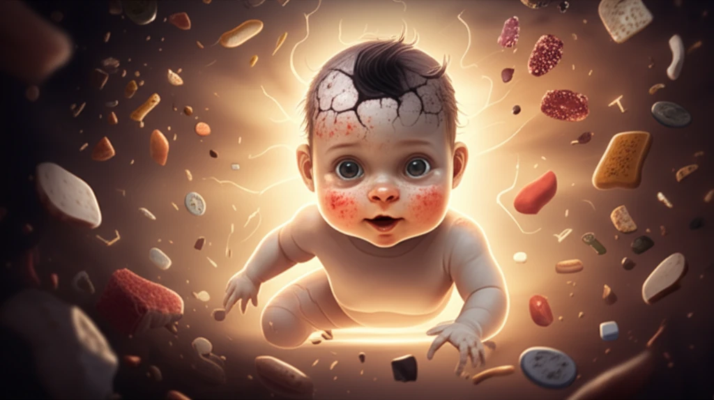 Surreal illustration of a baby surrounded by food particles, with a protective glowing aura around healthy skin.