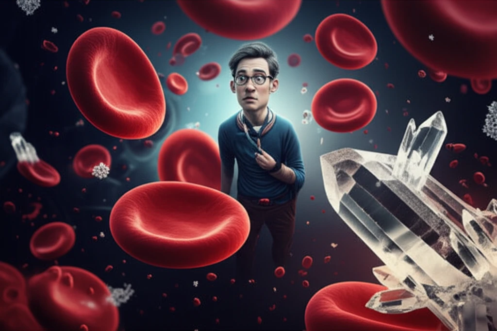 Surreal illustration of sickle cells and uric acid crystals representing the complex interplay of allopurinol and sickle cell disease.