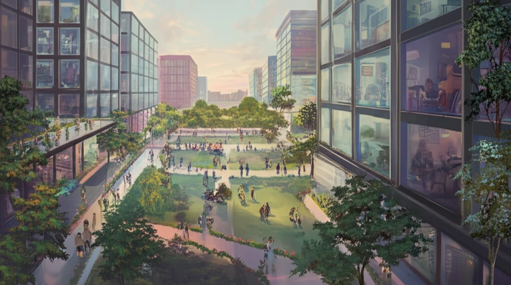 Vibrant urban park fostering community and visibility.