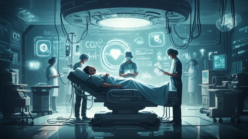 Surreal illustration of patient in futuristic surgical setting, emphasizing comprehensive care.