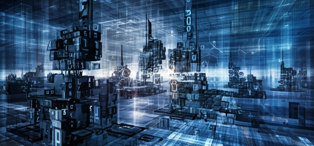 Futuristic cityscape built from distorted CAPTCHA characters, overlaid with a glowing neural network.