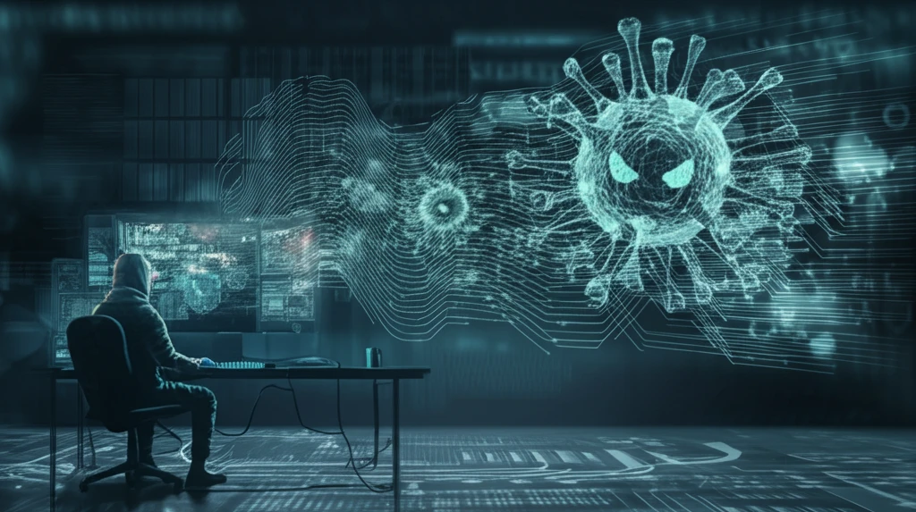 A security analyst faces a digital virus, symbolizing automated malware analysis.