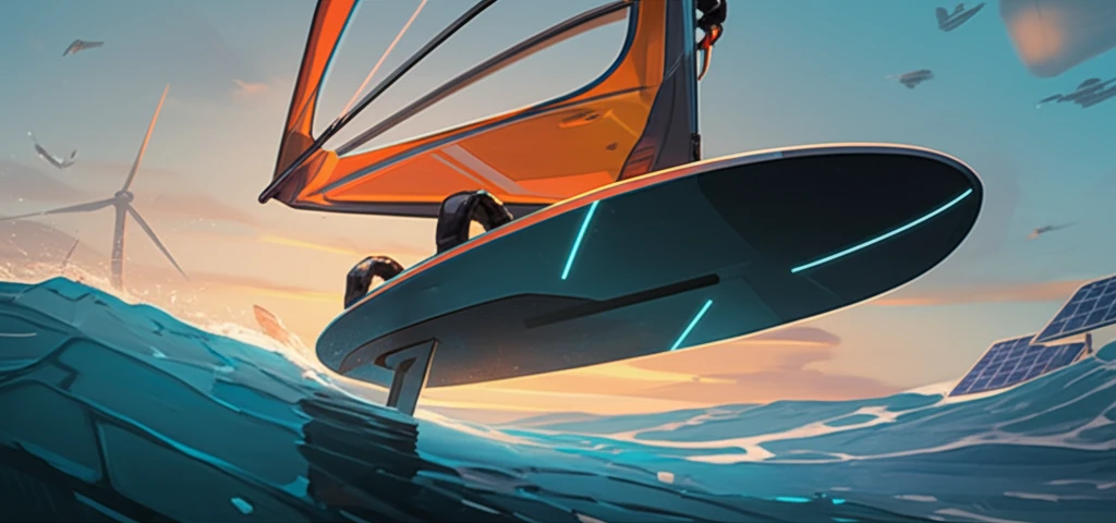 Futuristic windsurfing board made of composite materials gliding across the ocean.