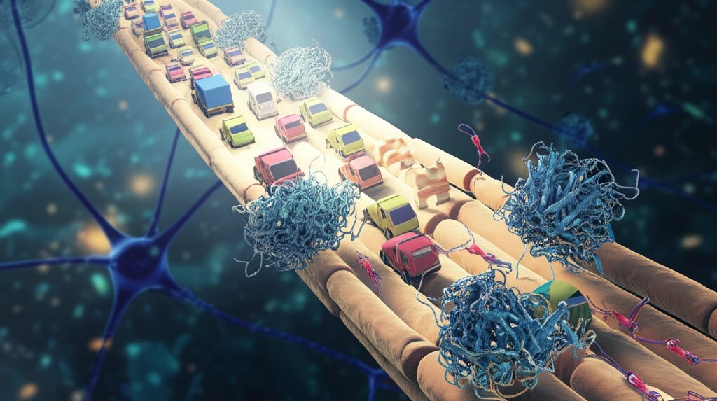 Kinesin 'traffic jam' in neuron axon, symbolizing early Alzheimer's detection
