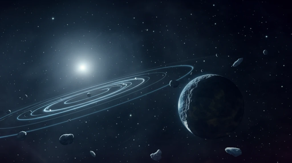 Surreal illustration of trans-Neptunian objects in resonant orbits around Neptune.
