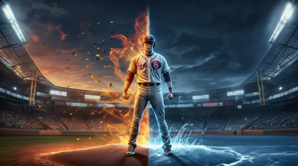 Baseball field divided between fire and ice, representing the heat-aggression hypothesis and its limitations.