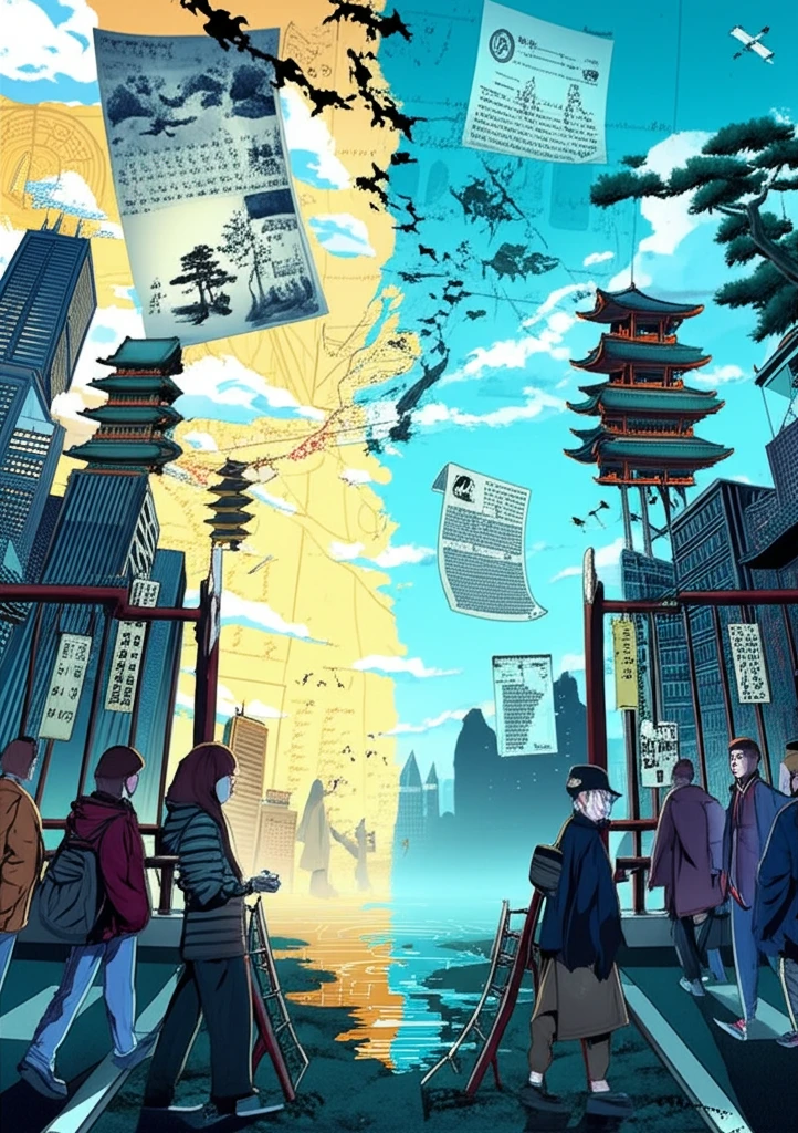 A surreal illustration representing the transformation of Japan's landscape with diverse people near a symbolic border, showing the historical undertones of the country's immigration challenges.