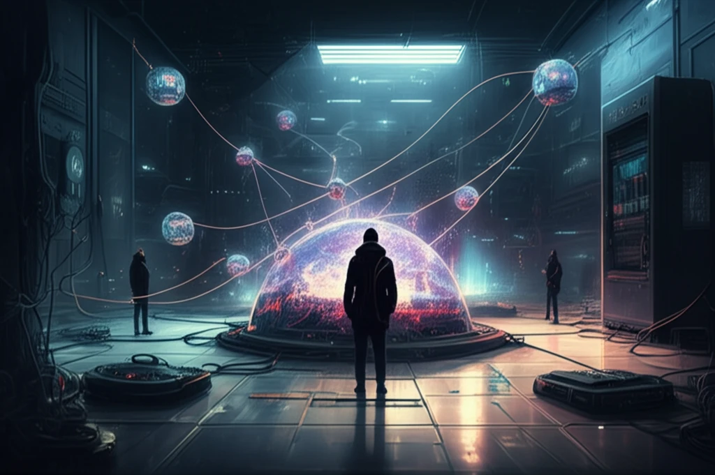 Digital illustration of interconnected devices being manipulated for DDoS attacks.