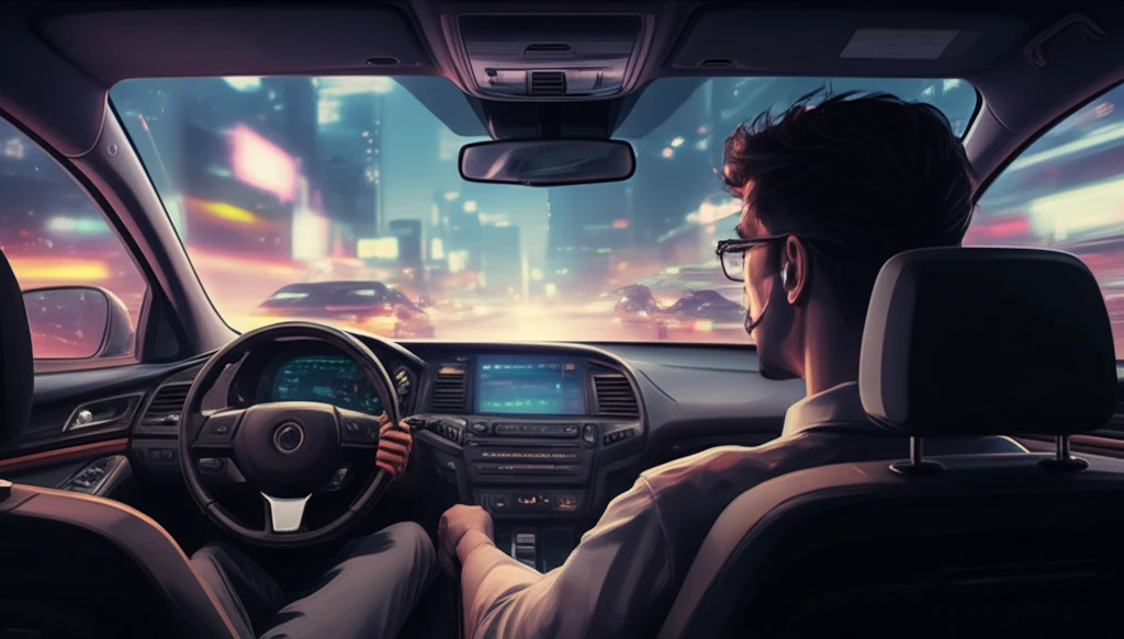 Calm driver in futuristic car with stress fading away.