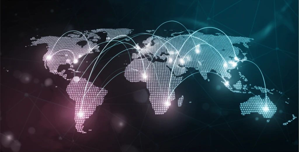 Surreal illustration of linguistic diffusion, featuring interconnected nodes spreading across a world map.