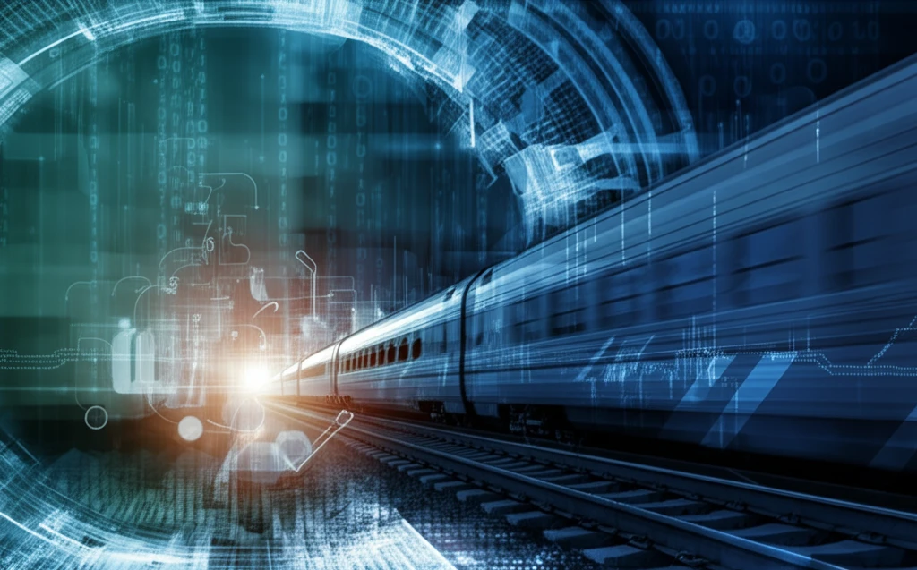 Futuristic high-speed train with glowing data lines, symbolizing advanced safety and efficiency.