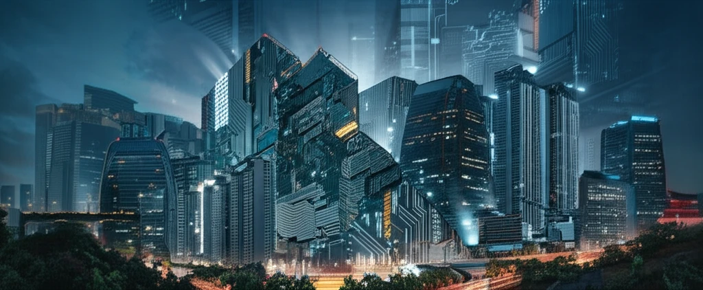 Futuristic Seoul skyline transforming into microchips, symbolizing South Korea's tech industry.