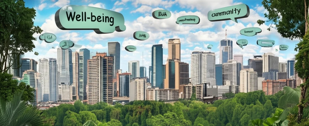 Latin American city blending nature and thought bubbles of well-being, risk, and community.