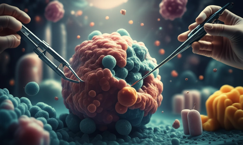 Microscopic enzyme being sculpted with industrial background.