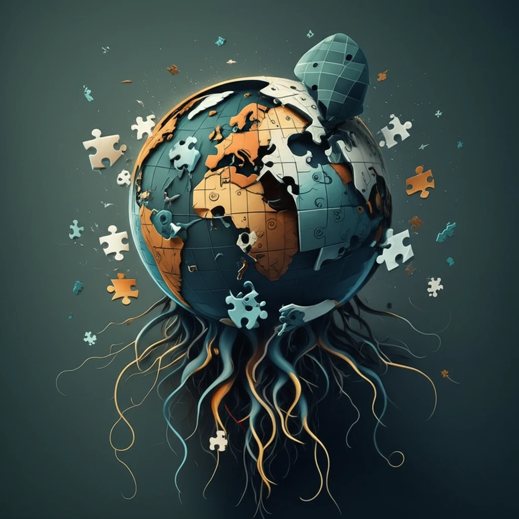 Cracked globe with puzzle pieces falling away, revealing interconnected roots beneath, symbolizing the fragmentation of nations and the underlying connections of global democracy.