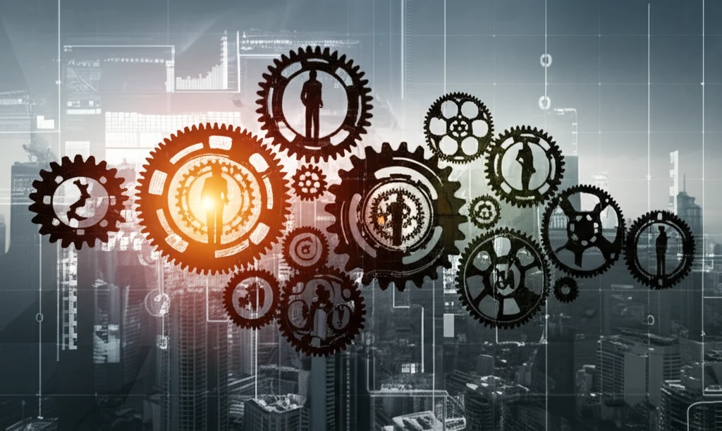 Interconnected gears and human silhouettes symbolizing organizational agility and employee engagement.