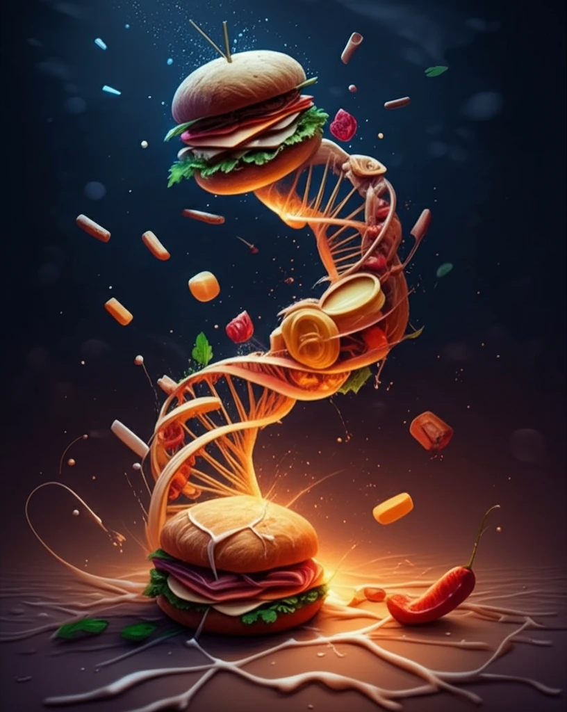 Surreal illustration of intertwined food items forming a double helix, representing hidden nutritional connections.