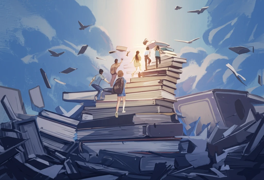 Diverse students climbing a staircase made of books, symbolizing educational opportunities and overcoming socioeconomic barriers.
