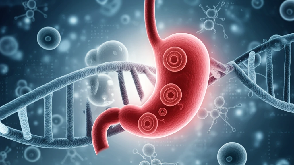 DNA strand intertwined with a stomach, symbolizing genetic links to gastric cancer.