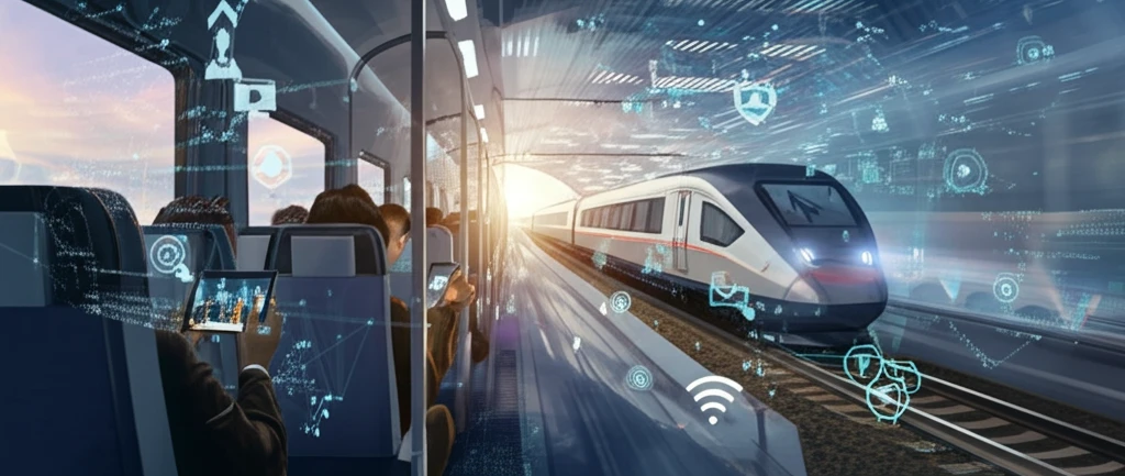 High-speed train with passengers streaming videos.