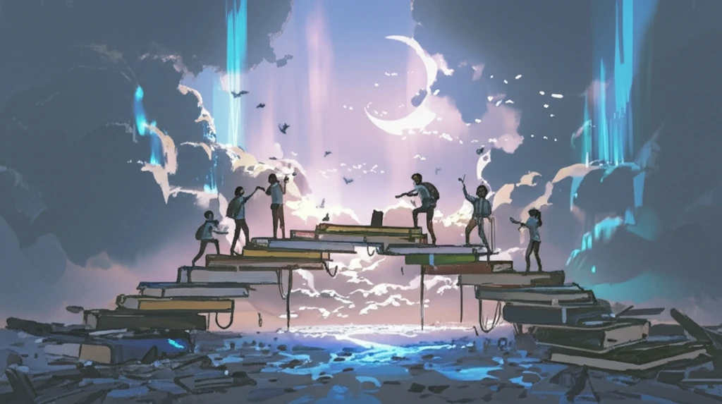 A surreal image depicting a teacher and students collaboratively constructing a bridge out of books, symbolizing the building of knowledge and understanding.