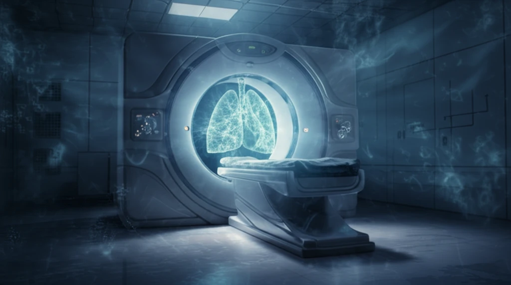 Blossoming lung within a CT scanner, symbolizing early lung cancer detection.