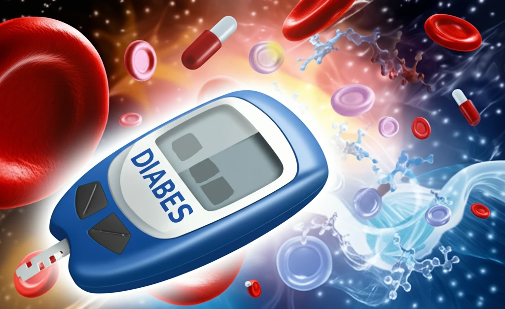 Surreal image of a beta-thalassemia and diabetes patient receiving transformative sitagliptin treatment.