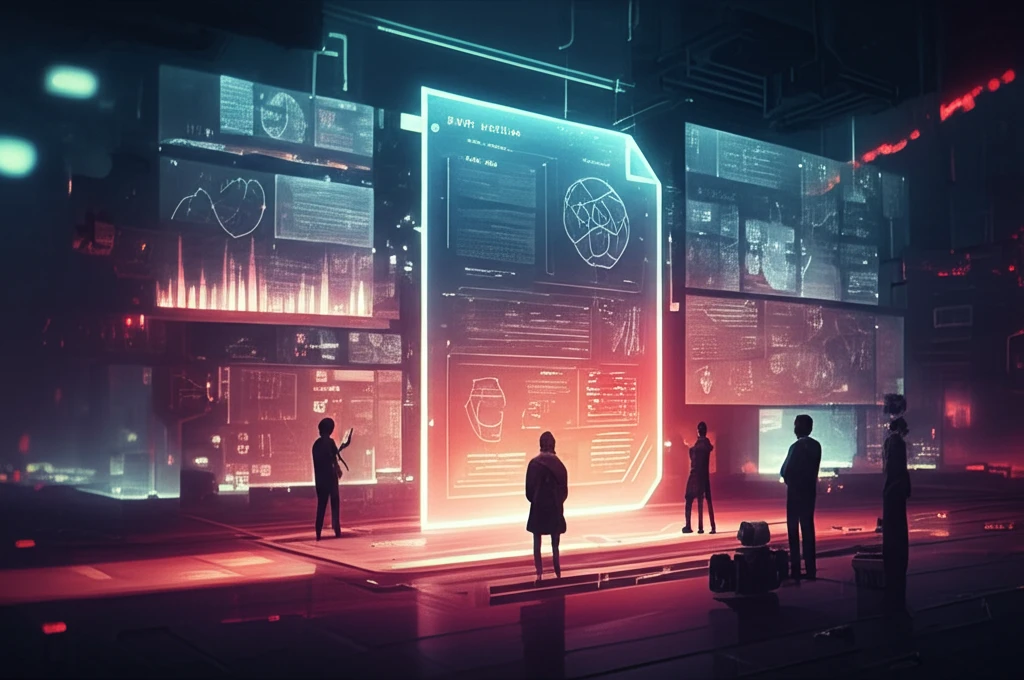 Diverse group collaborating on a digital document in a futuristic online workspace.
