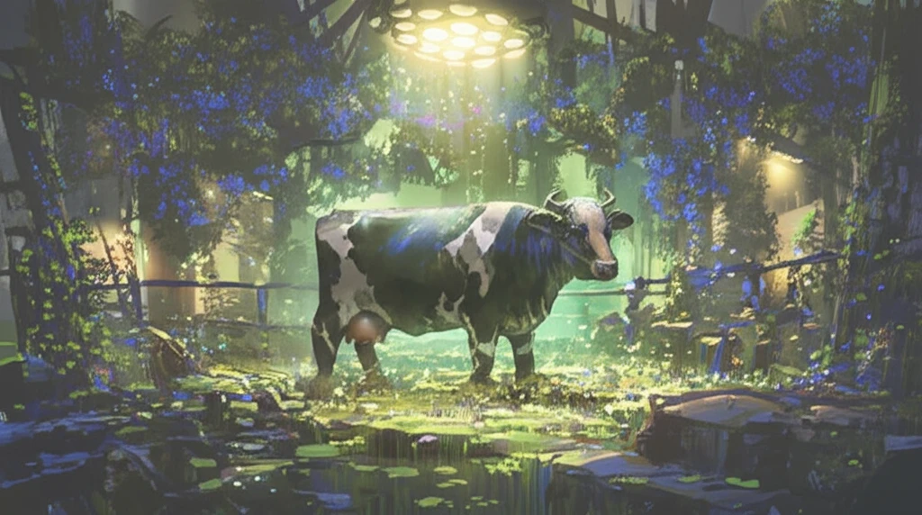 Calm cow receiving local anesthesia in a peaceful, glowing farm setting