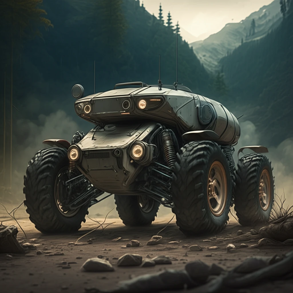 Futuristic unmanned ground vehicle navigating rough terrain with advanced suspension.