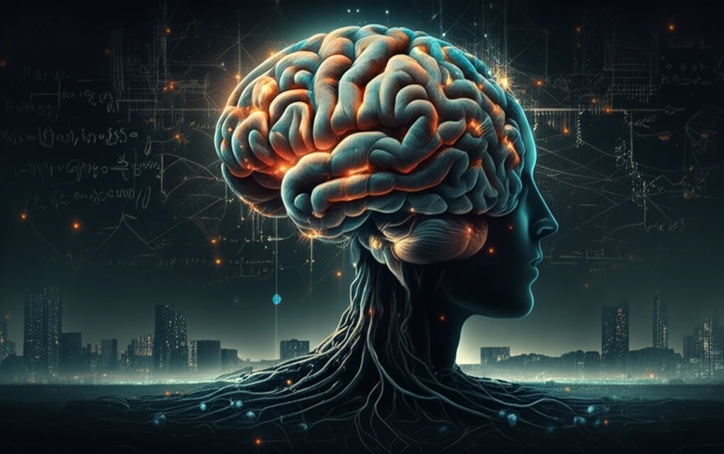 A brain-tree symbolizes how mentoring enriches cognitive development, interweaving connections between knowledge and personal growth.