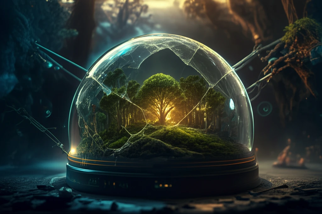 A cracked glass dome protecting a forest, representing data confidentiality and environmental health.