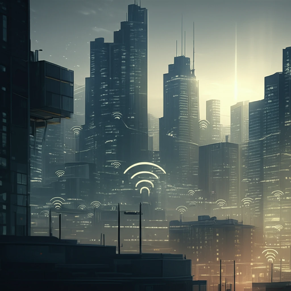 Futuristic city with advanced antenna technology.