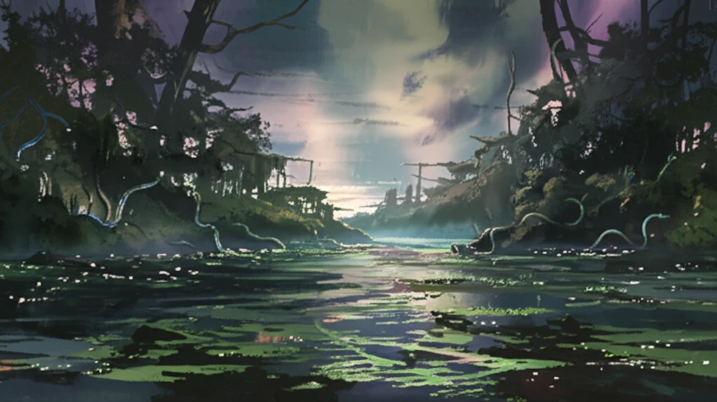 Surreal illustration of toxic algae bloom and snakes in a forest.