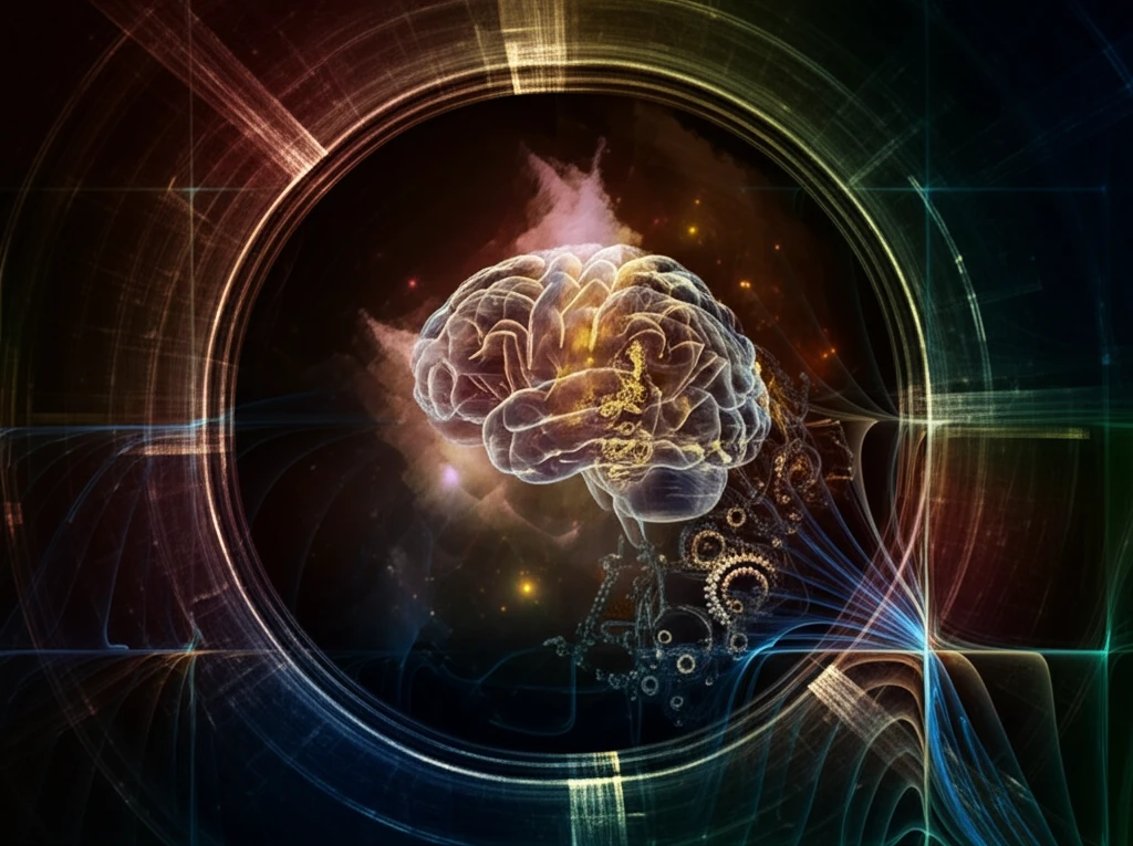 Surreal image of gears and musical notes flowing through a brain, representing tempo perception.