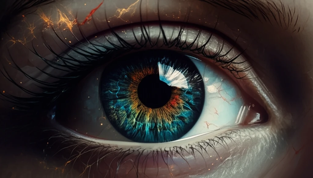 Stylized human eye with glowing lines representing blood vessels and focused light on the retina.