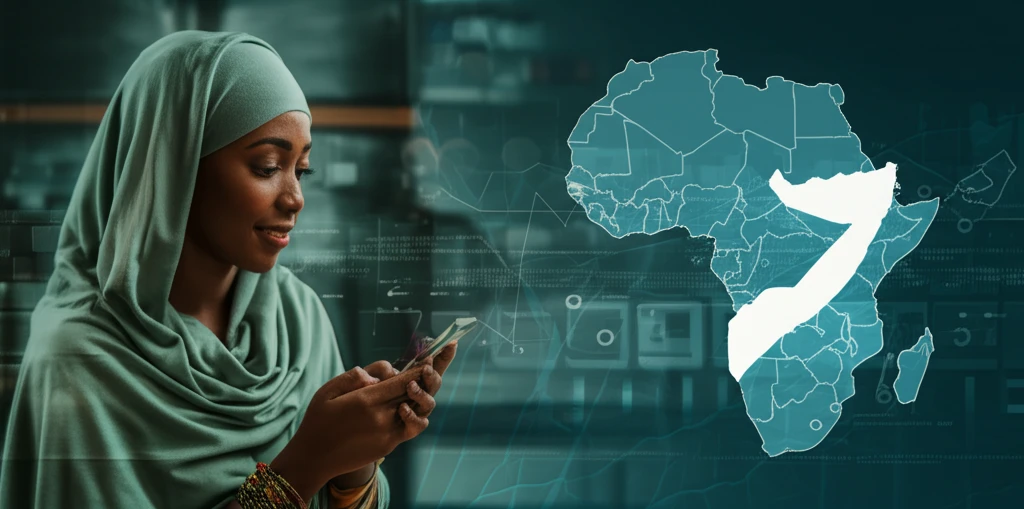 Somali woman using mobile money in front of a map of Africa
