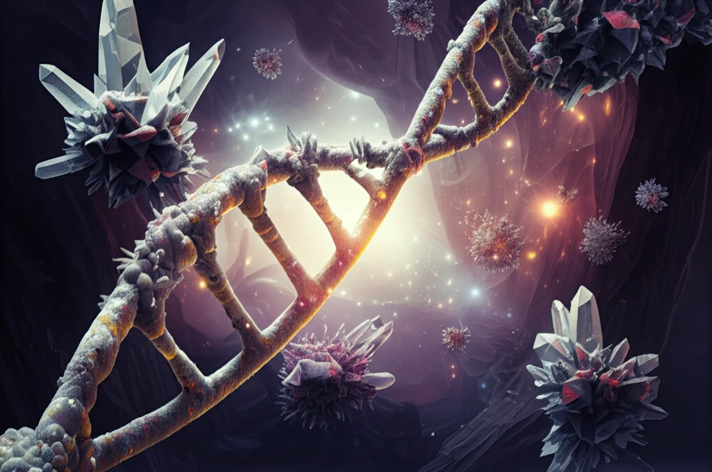 Microscopic crystals interwoven with DNA strands, symbolizing antimicrobial discovery.