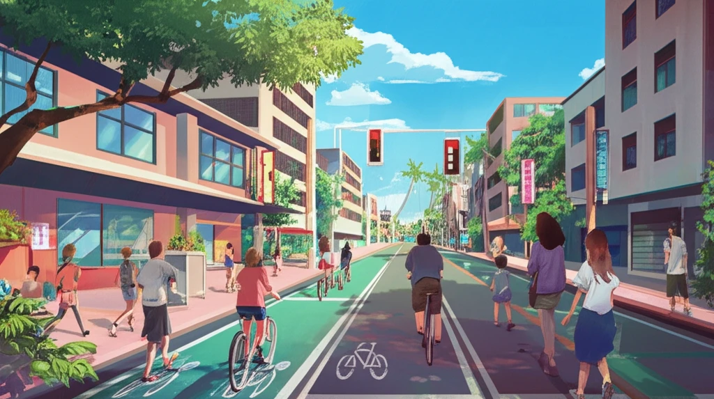 Vibrant Hawaiian street scene with pedestrians and cyclists.