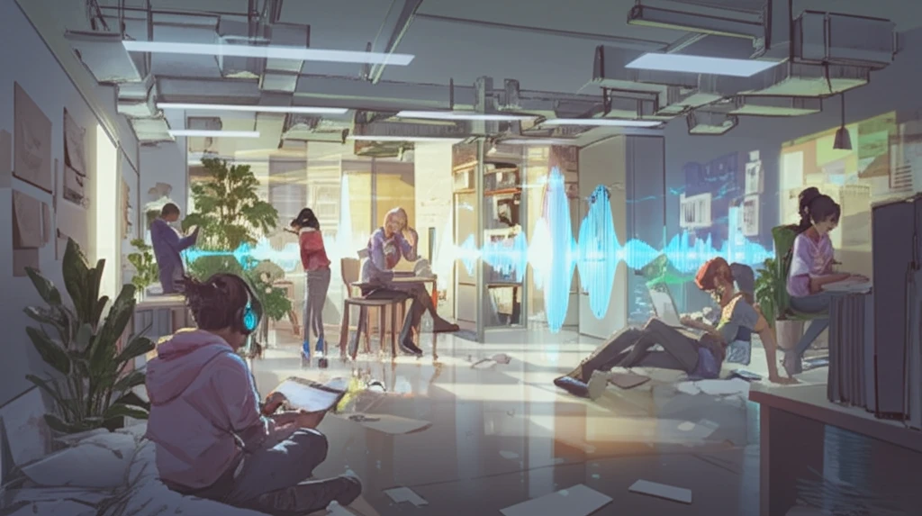 A surreal study area with sound waves and students collaborating.