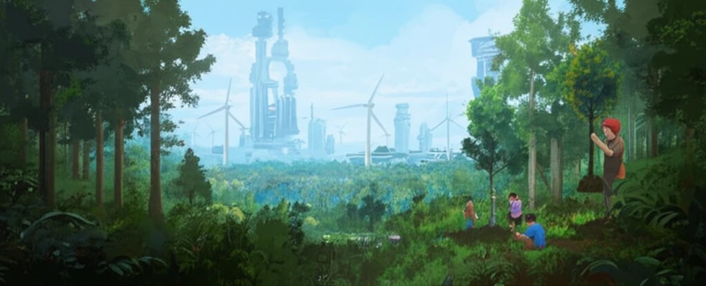 Futuristic cityscape merging with a lush green forest, symbolizing sustainable integration.
