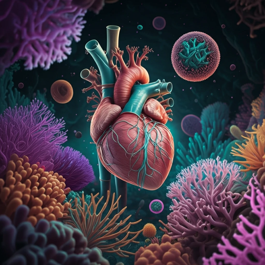 Surreal illustration combining a coral reef and microscopic heart cells, symbolizing marine resources and cardiovascular health.