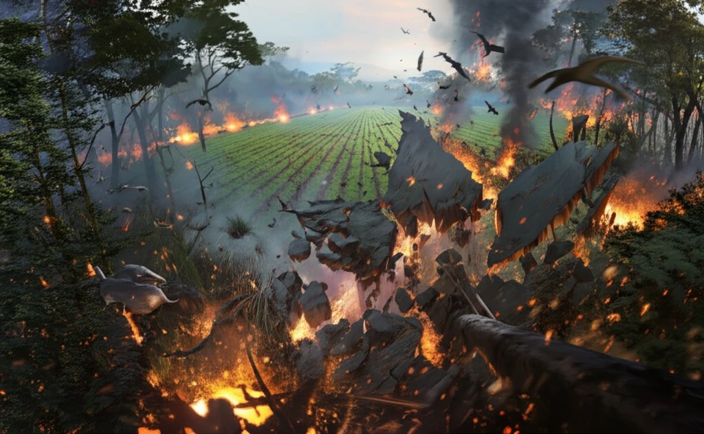 Fragmented Amazon rainforest landscape with wildfires and fleeing mammals.