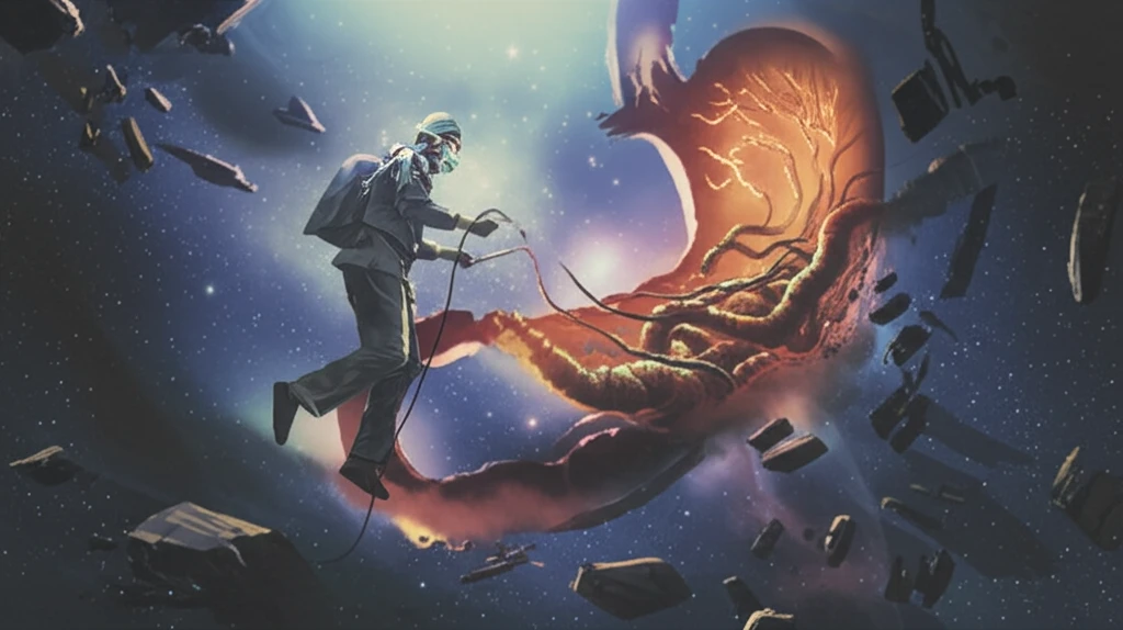 Surreal illustration of laparoscopic bezoar removal in space, symbolizing advanced medical technology.