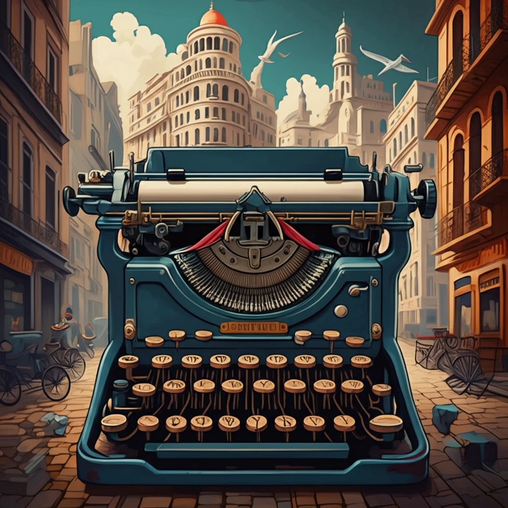 A surreal typewriter symbolizes the literary history of the Generation of '27, set against a backdrop of 1920s Madrid.