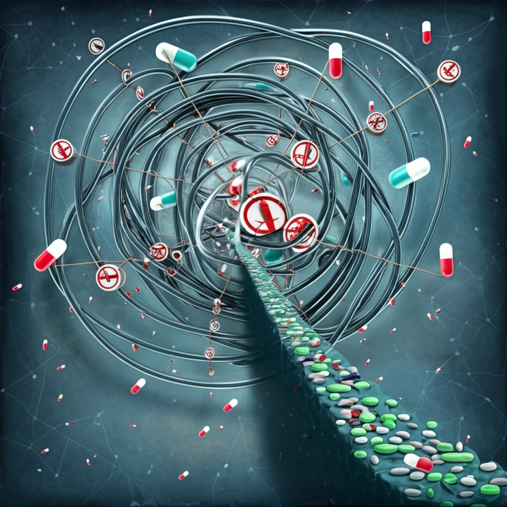 Surreal illustration of addiction and recovery path with gabapentin.