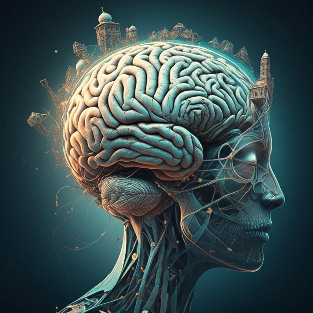 Brain with interconnected pathways and roads, symbolizing multiple sclerosis, with subtle Iranian architectural elements.